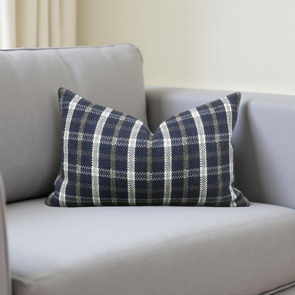 Designer Fabric Samoa Plaid Indigo 12x18" Knife Edge Lumbar Pillow