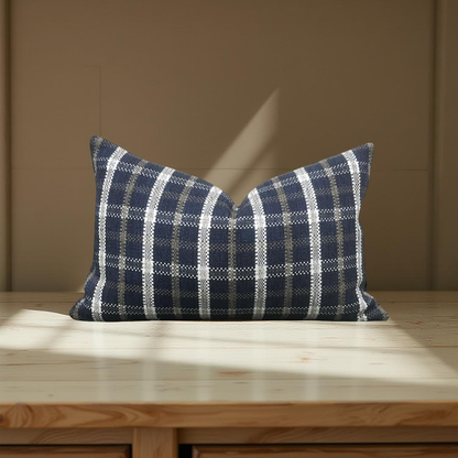 Designer Fabric Samoa Plaid Indigo 12x18" Knife Edge Lumbar Pillow