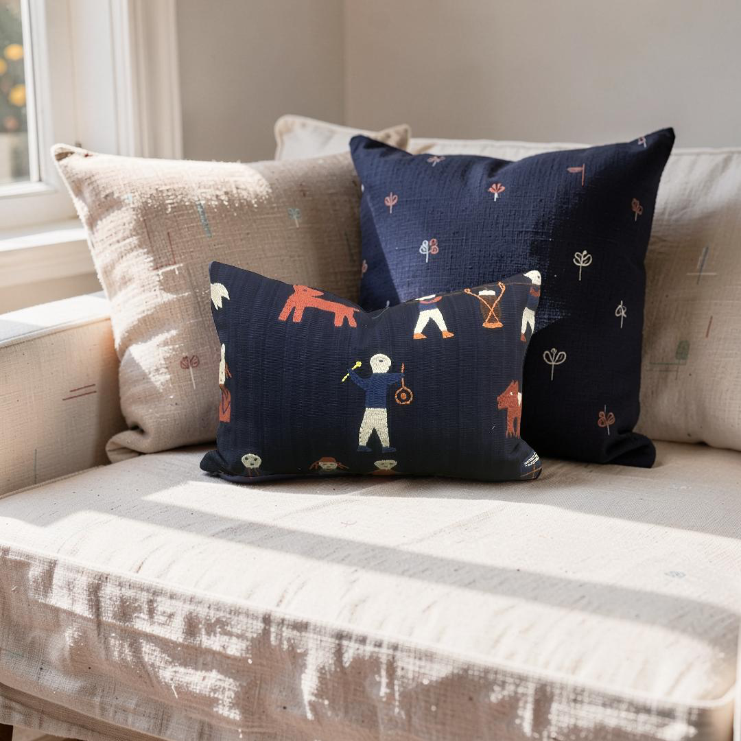 Embroidered Lumbar Pillow Naga Indigo 12x18" Knife Edge Cover