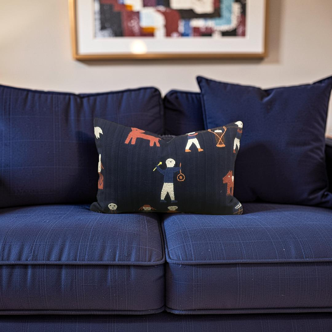 Embroidered Lumbar Pillow Naga Indigo 12x18" Knife Edge Cover