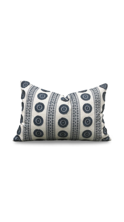 Embroidered Lumbar Pillow Navy & Cream 12x18" Knife Edge Cover