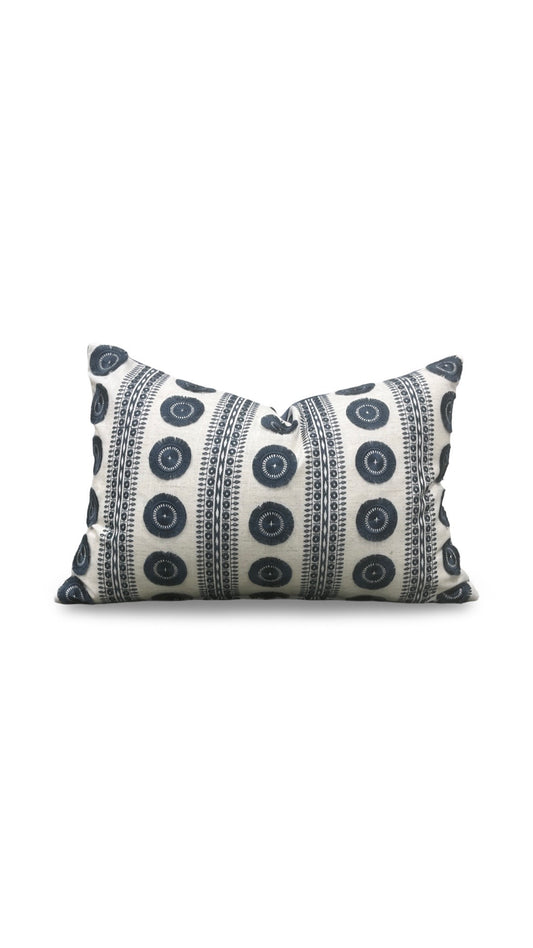 Embroidered Lumbar Pillow Navy & Cream 12x18" Knife Edge Cover