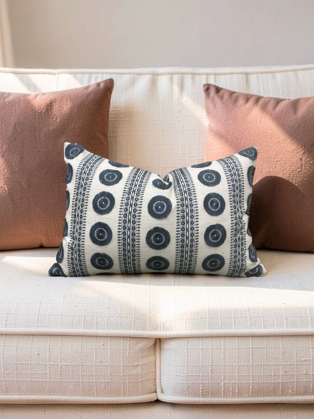 Embroidered Lumbar Pillow Navy & Cream 12x18" Knife Edge Cover