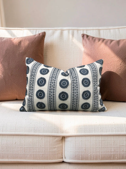 Embroidered Lumbar Pillow Navy & Cream 12x18" Knife Edge Cover