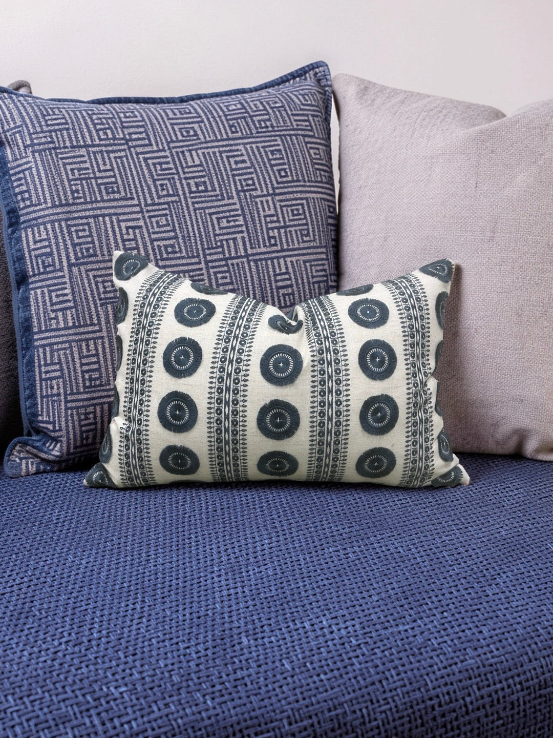 Embroidered Lumbar Pillow Navy & Cream 12x18" Knife Edge Cover