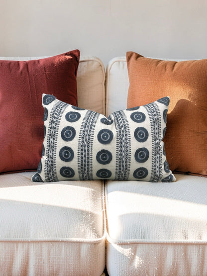 Embroidered Lumbar Pillow Navy & Cream 12x18" Knife Edge Cover