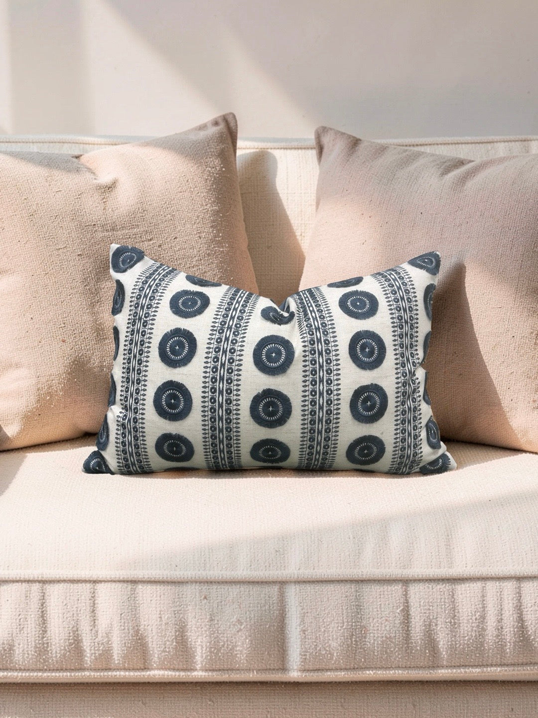 Embroidered Lumbar Pillow Navy & Cream 12x18" Knife Edge Cover