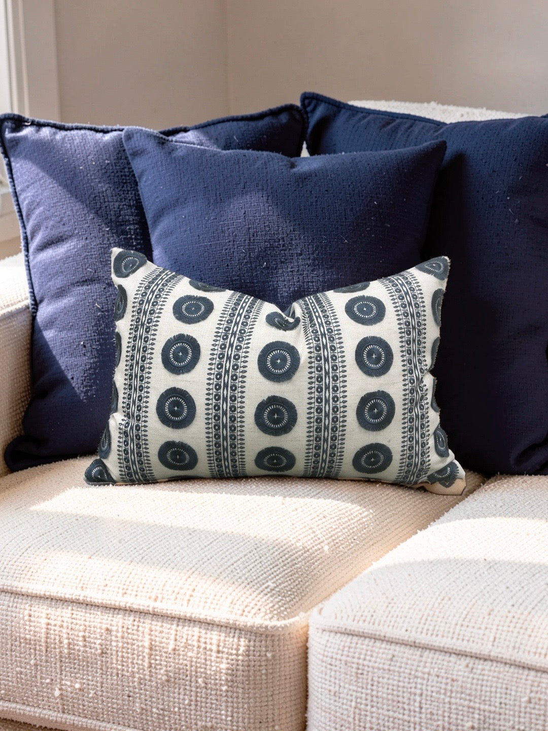 Embroidered Lumbar Pillow Navy & Cream 12x18" Knife Edge Cover