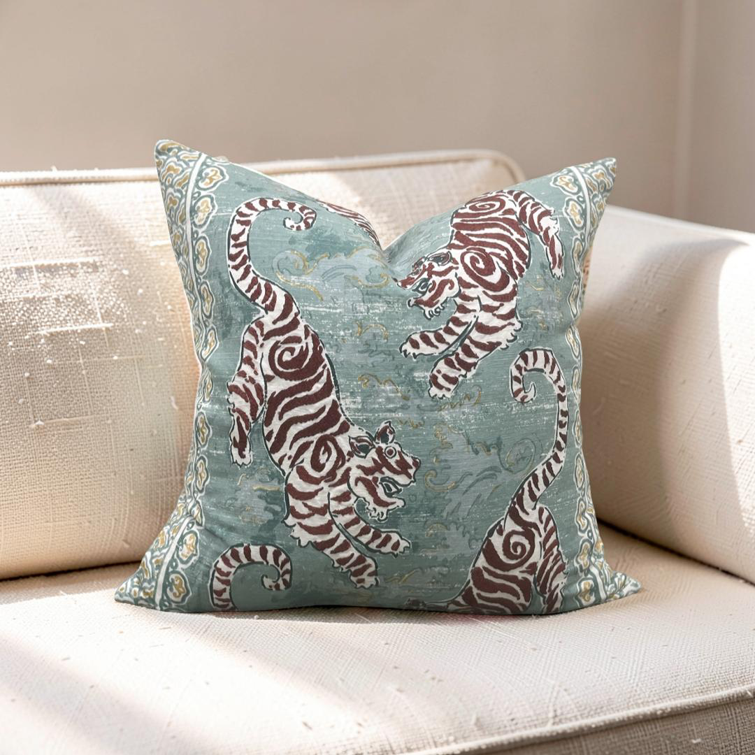 Lee Jofa Decorative Pillow Bongol Print Aqua 22x22" Knife Edge Cover