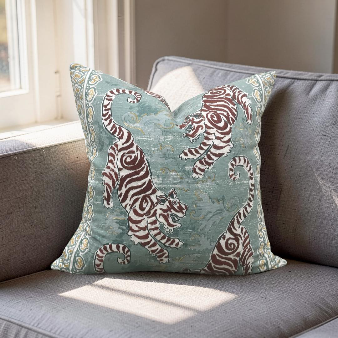 Lee Jofa Decorative Pillow Bongol Print Aqua 22x22" Knife Edge Cover