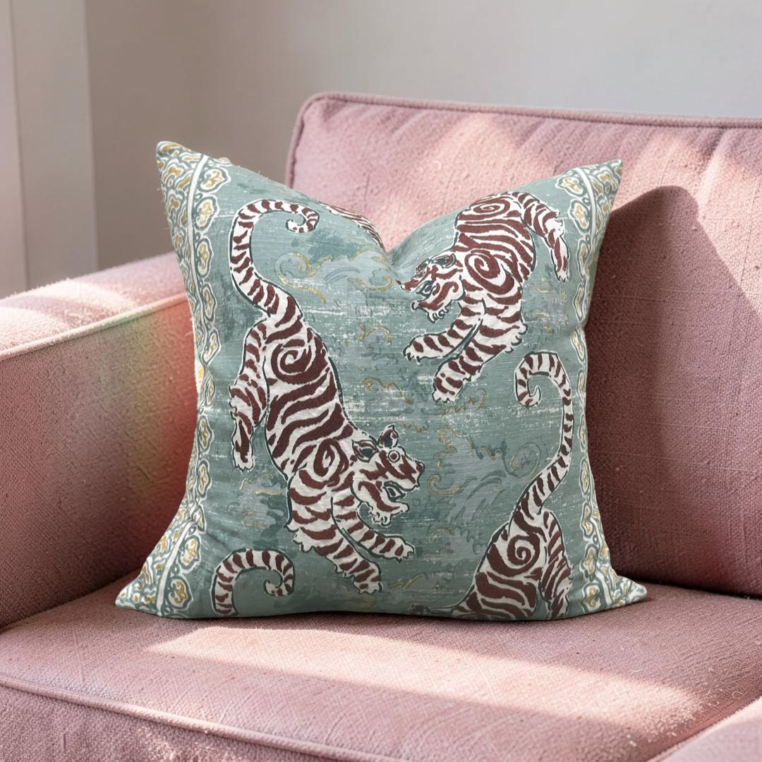 Lee Jofa Decorative Pillow Bongol Print Aqua 22x22" Knife Edge Cover