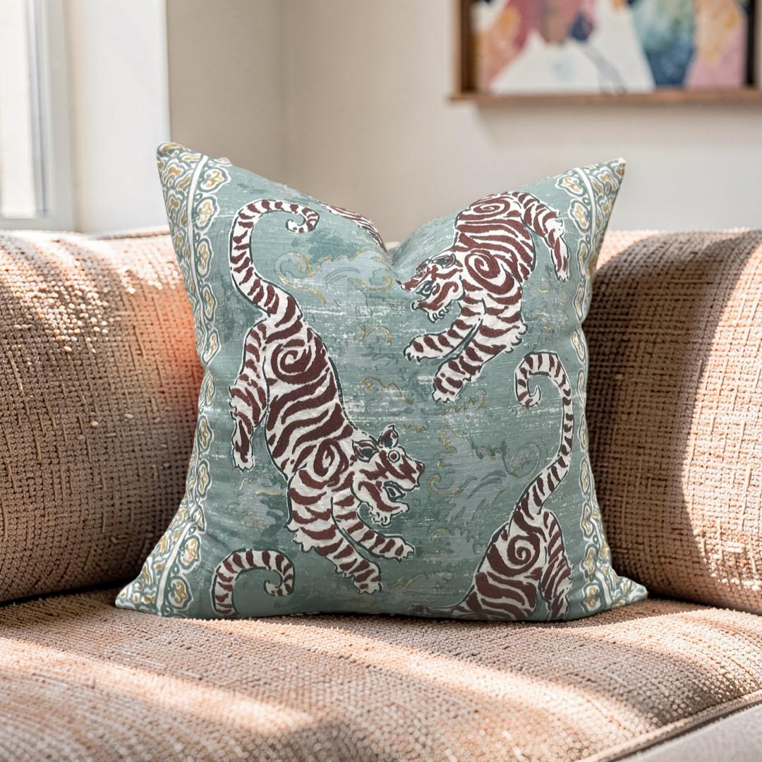 Lee Jofa Decorative Pillow Bongol Print Aqua 22x22" Knife Edge Cover