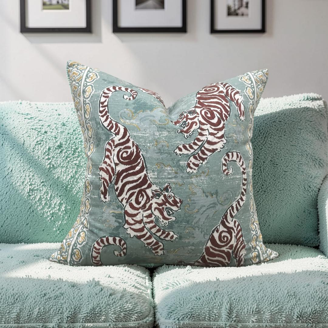 Lee Jofa Decorative Pillow Bongol Print Aqua 22x22" Knife Edge Cover