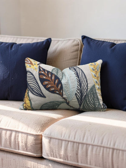 Lee Jofa Lumbar Pillow Forest Leaves Indigo Teal 12x18" Knife Edge Cover