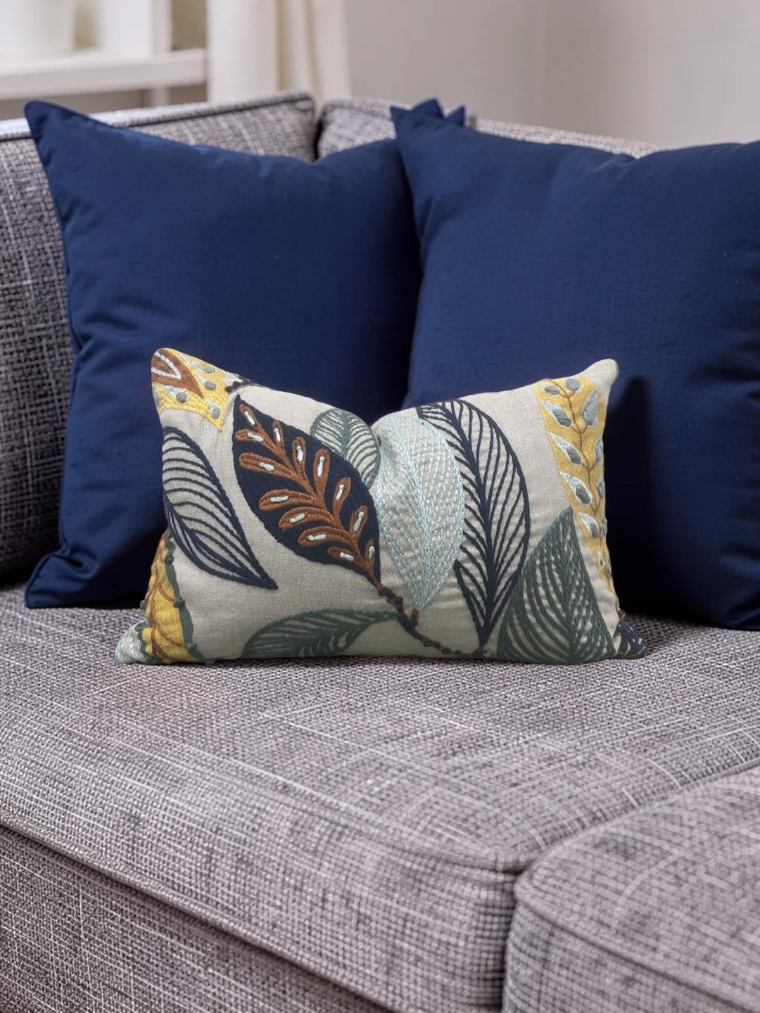 Lee Jofa Lumbar Pillow Forest Leaves Indigo Teal 12x18" Knife Edge Cover