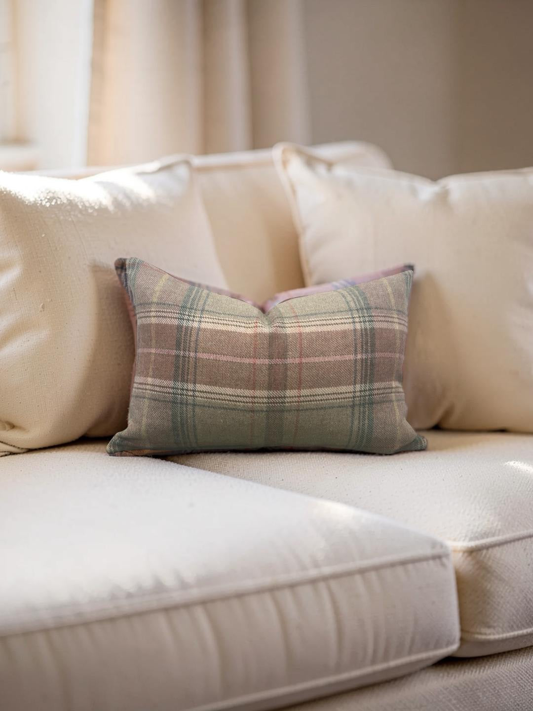 Mulberry Lumbar Pillow Shetland Plaid Quartz 12x18" Knife Edge Cover