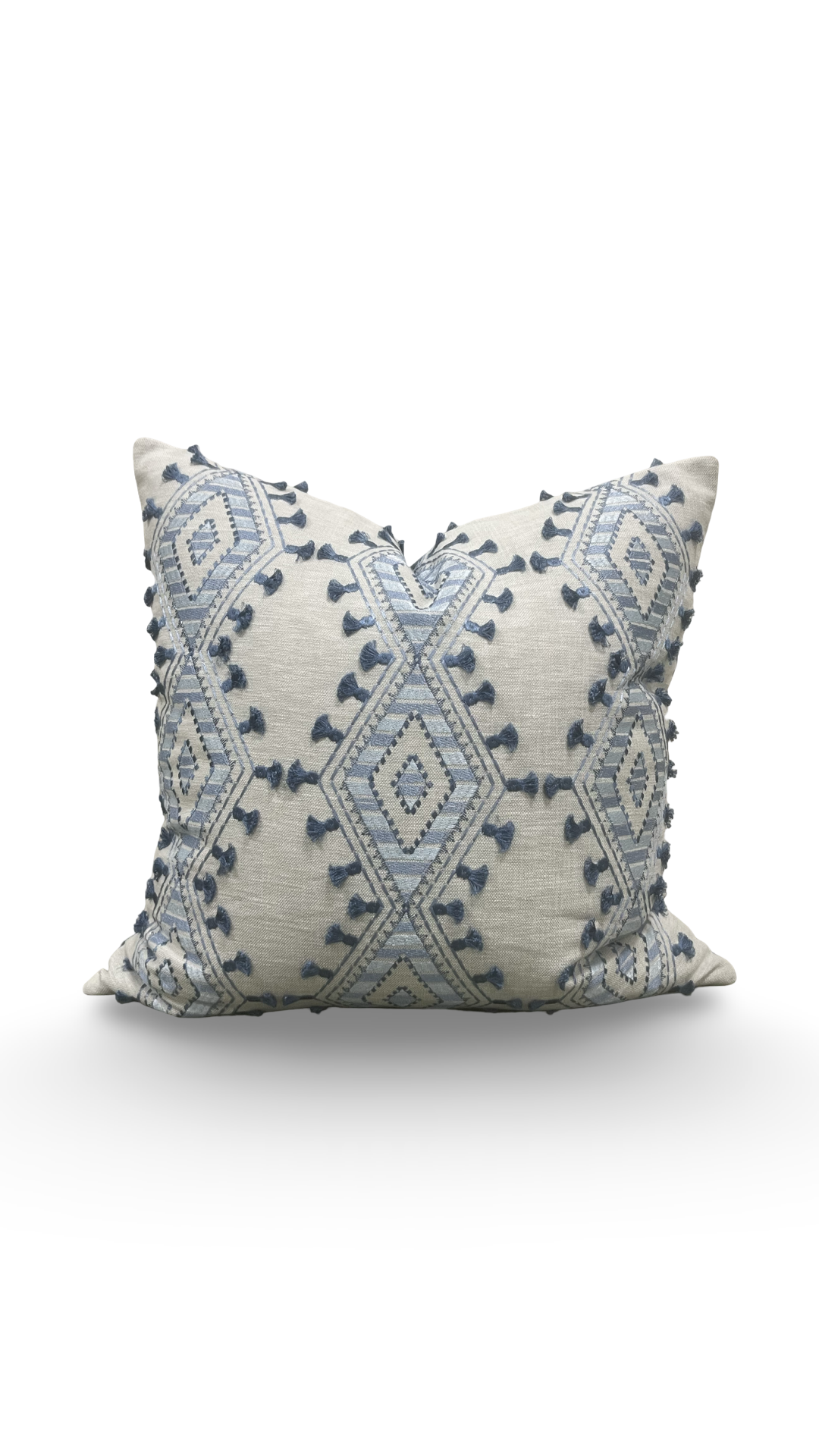 Decorative pillow with blue geometric pattern on a white background