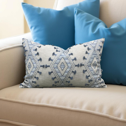 Lumbar Pillow Bluebell Blue and Tan Embroidery 12x18" Knife Edge Cover