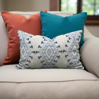 Lumbar Pillow Bluebell Blue and Tan Embroidery 12x18" Knife Edge Cover