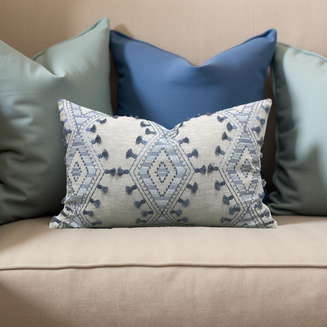 Lumbar Pillow Bluebell Blue and Tan Embroidery 12x18" Knife Edge Cover