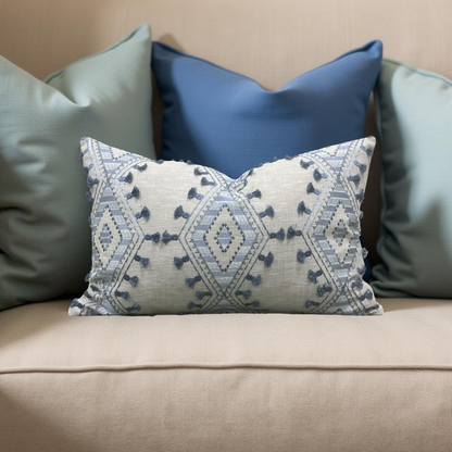 Lumbar Pillow Bluebell Blue and Tan Embroidery 12x18" Knife Edge Cover