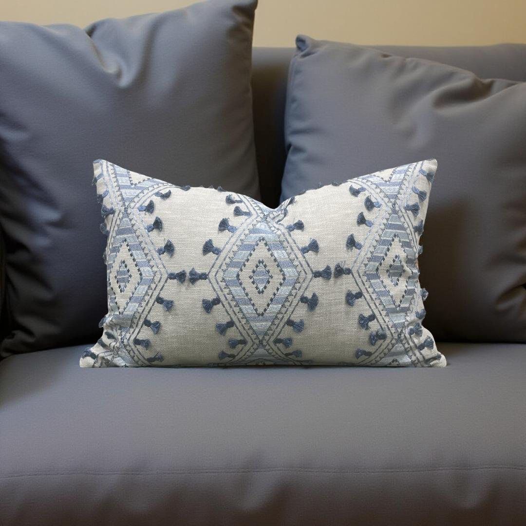 Lumbar Pillow Bluebell Blue and Tan Embroidery 12x18" Knife Edge Cover