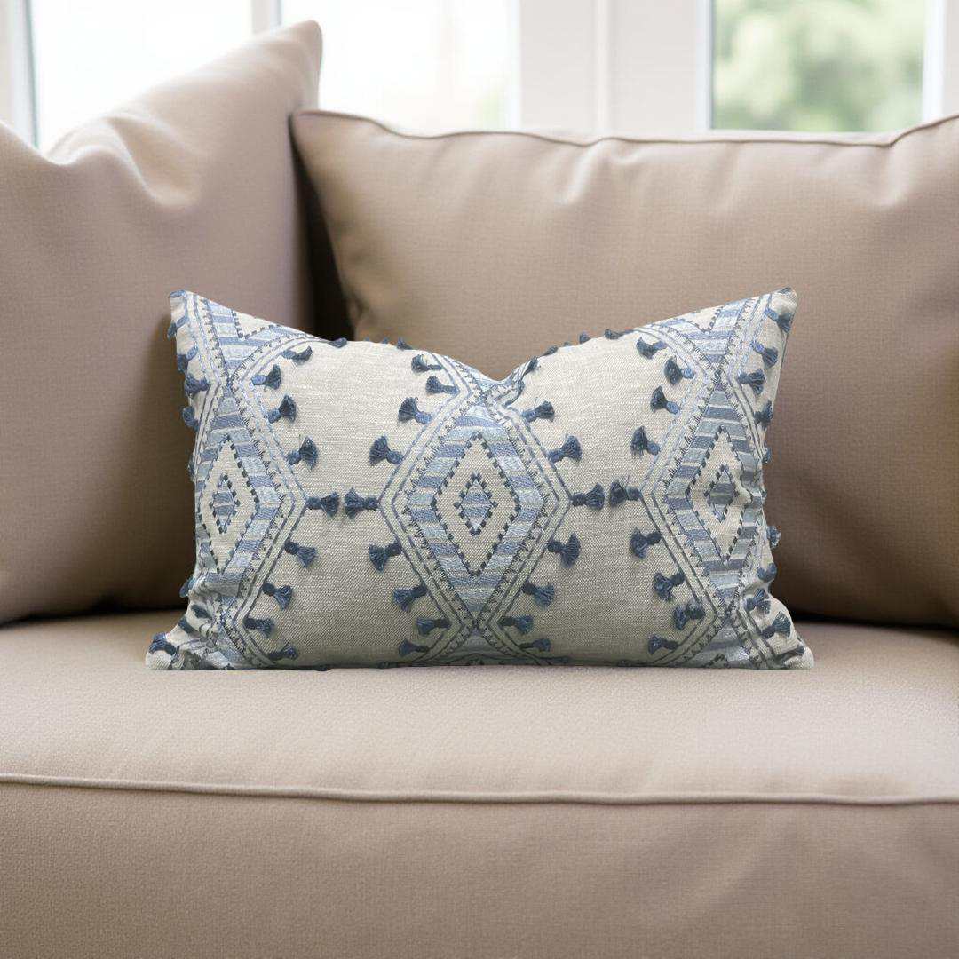 Lumbar Pillow Bluebell Blue and Tan Embroidery 12x18" Knife Edge Cover
