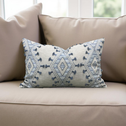 Lumbar Pillow Bluebell Blue and Tan Embroidery 12x18" Knife Edge Cover