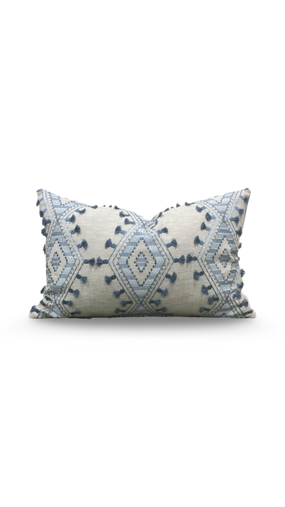 Lumbar Pillow Bluebell Blue and Tan Embroidery 12x18" Knife Edge Cover