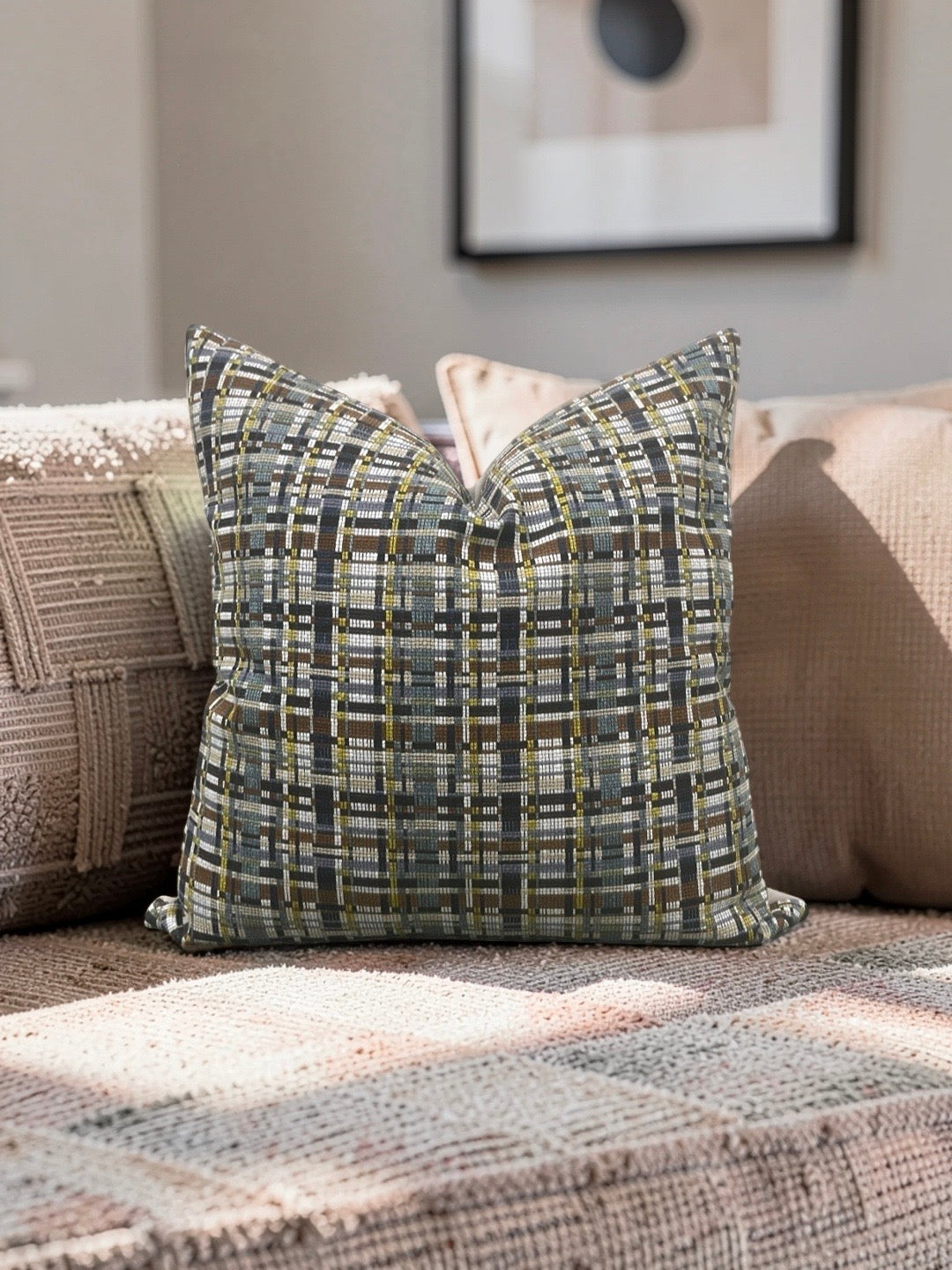 Decorative Pillow Stepped Plaid Quarry 22x22" Knife Edge Cover