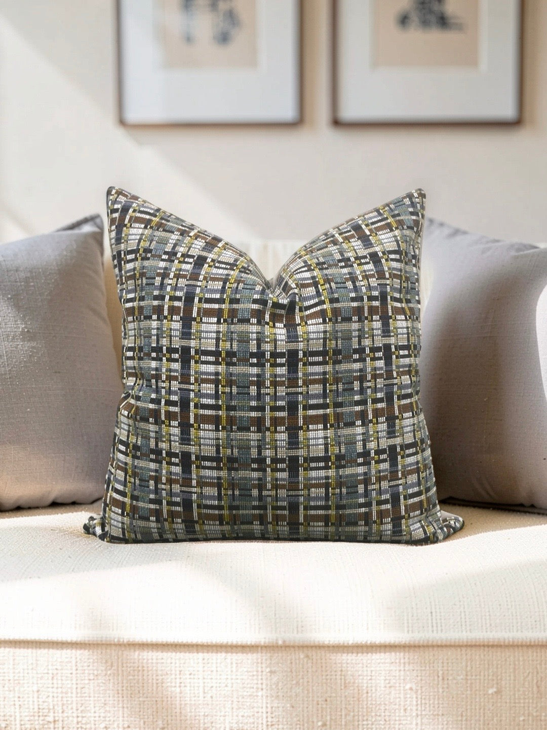 Decorative Pillow Stepped Plaid Quarry 22x22" Knife Edge Cover