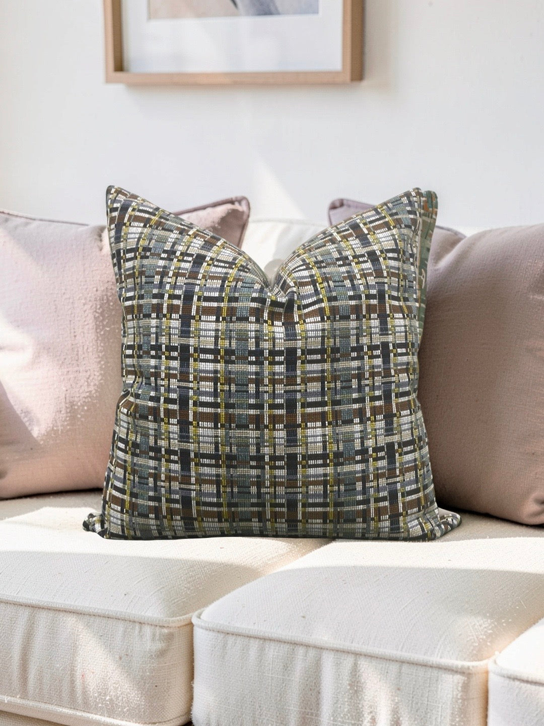 Decorative Pillow Stepped Plaid Quarry 22x22" Knife Edge Cover