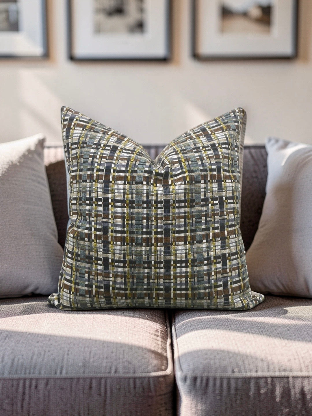 Decorative Pillow Stepped Plaid Quarry 22x22" Knife Edge Cover