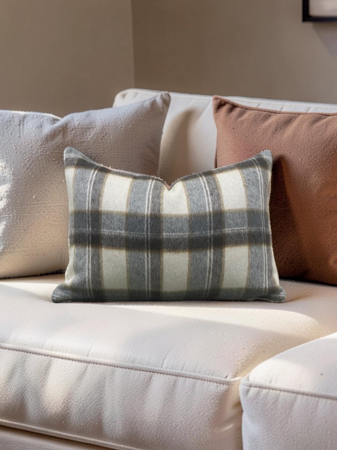 Plaid Lumbar Pillow Mapleton Wool Antelope 12x18" Knife Edge Cover