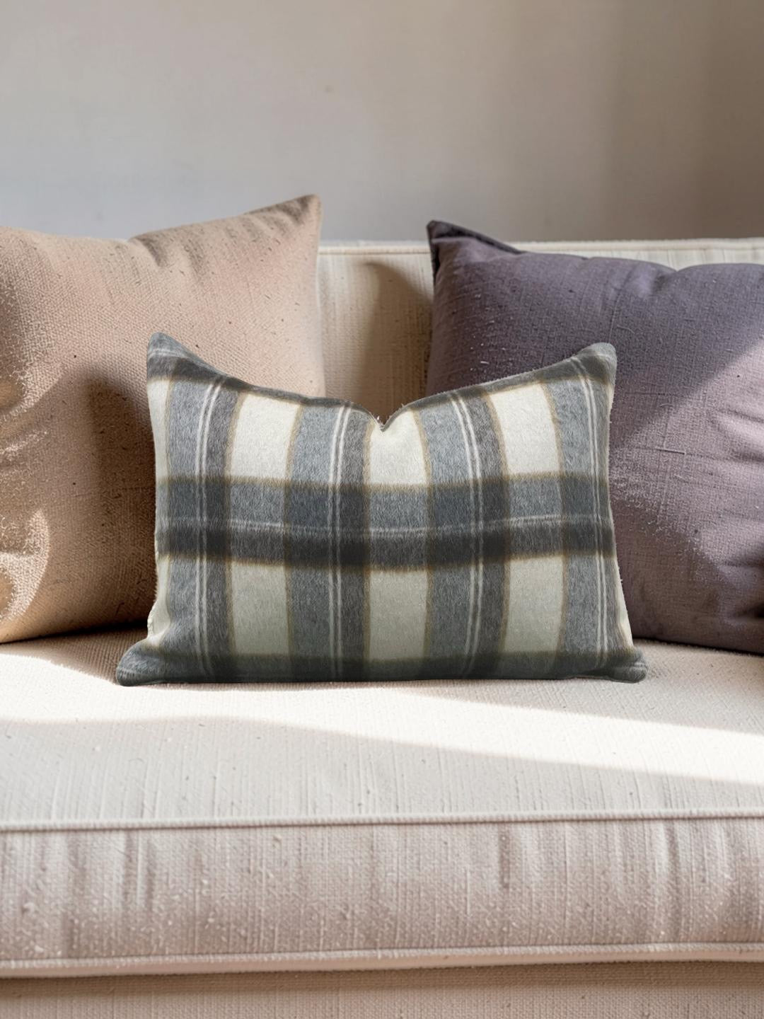 Plaid Lumbar Pillow Mapleton Wool Antelope 12x18" Knife Edge Cover