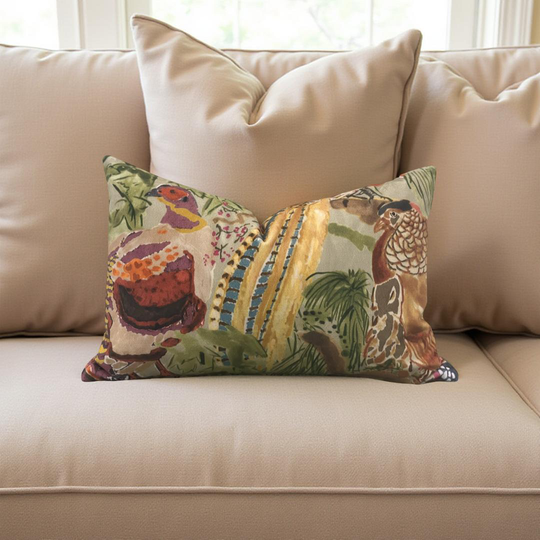 Game Birds Velvet Lumbar Pillow 12x18" Knife Edge Decorative Cover