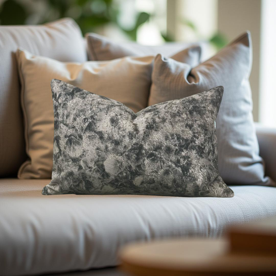 Decorative pillow on a sofa with a blurred background