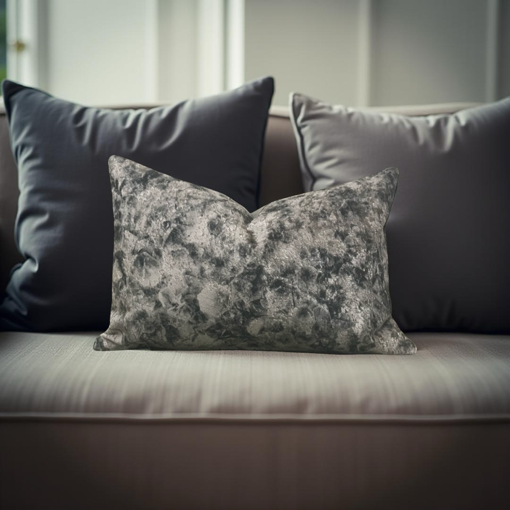 Gray floral pillow on a beige sofa with a neutral background