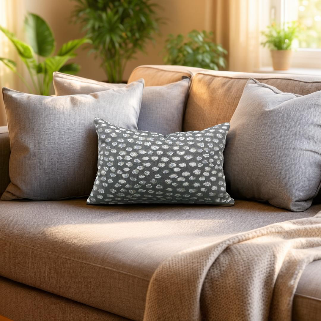 Beige sofa with decorative pillows and a blanket in a cozy living room setting.