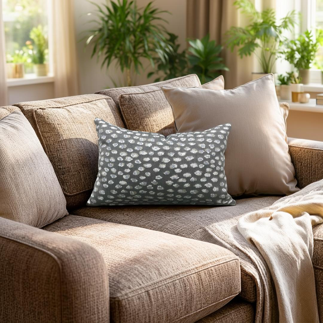 Brown sofa with patterned cushions and a blanket in a bright living room.