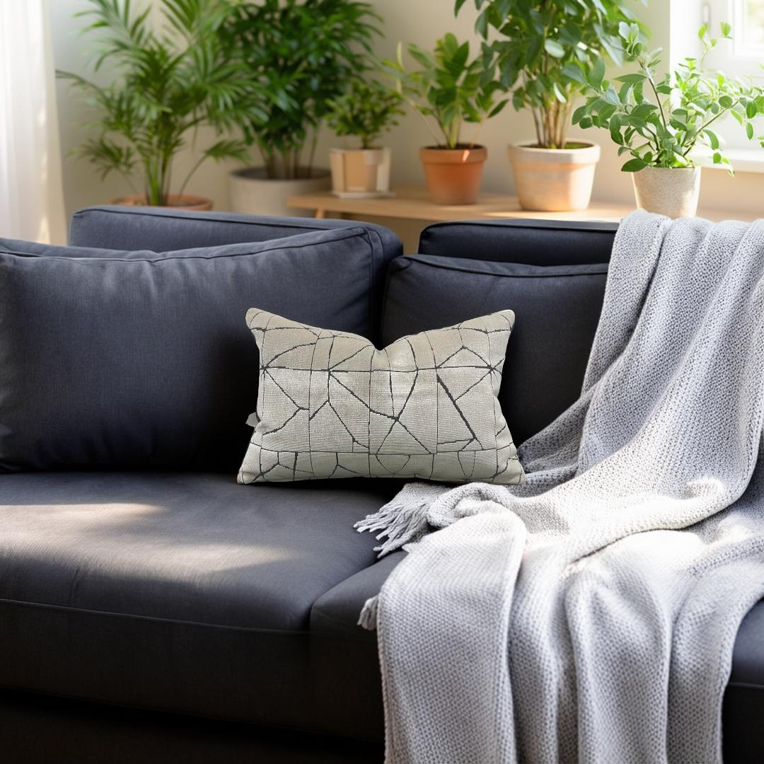 Gray sofa with a decorative pillow and blanket in a room with plants