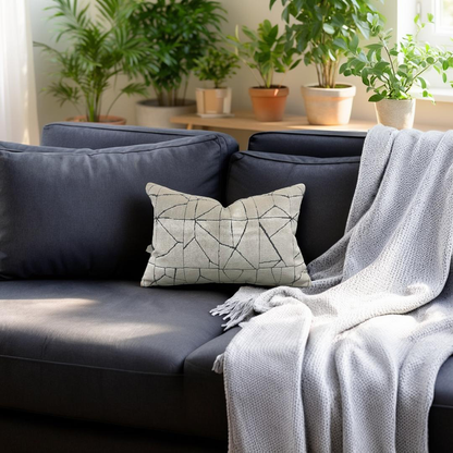 Gray sofa with a decorative pillow and blanket in a room with plants