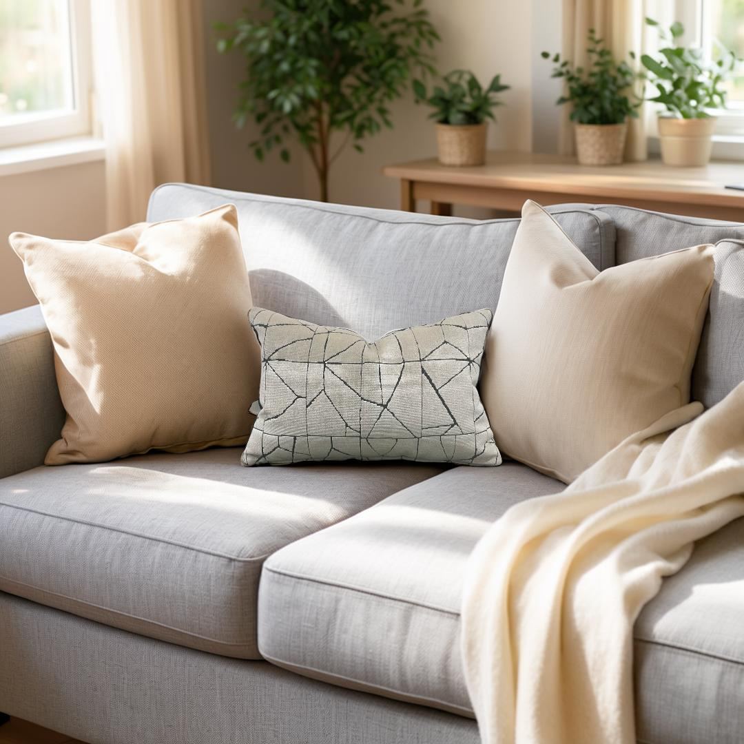 Gray sofa with beige and patterned cushions in a bright living room.