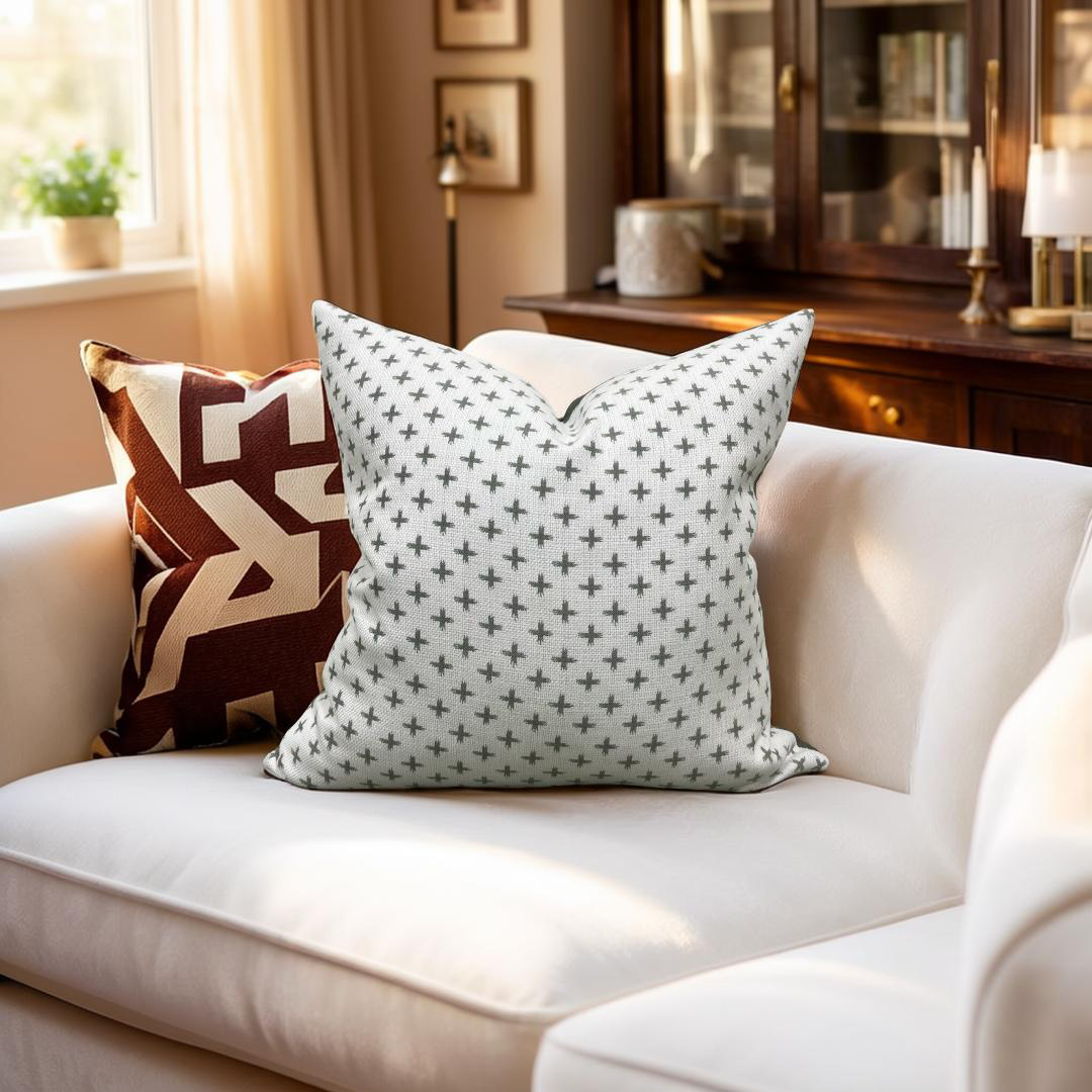 Decorative pillows on a white sofa in a living room setting