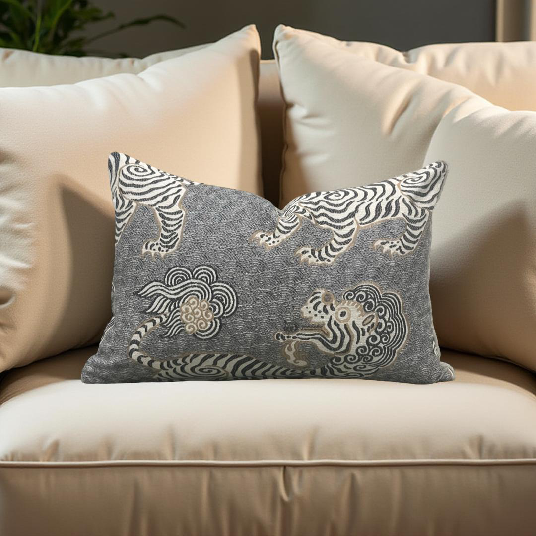 Decorative pillow with zebra pattern on a beige sofa