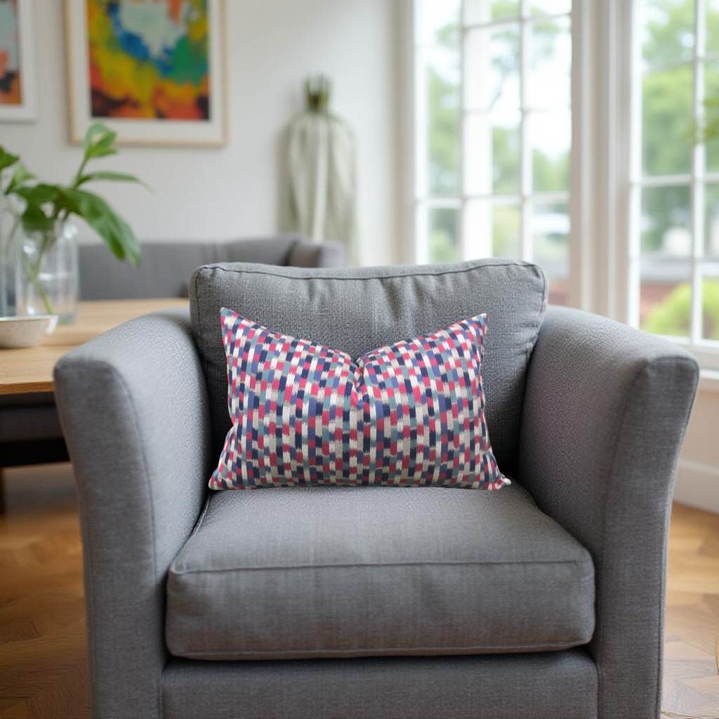 Pink Blue and Silver 12X18" Knife Edge Decorative Lumbar Pillow