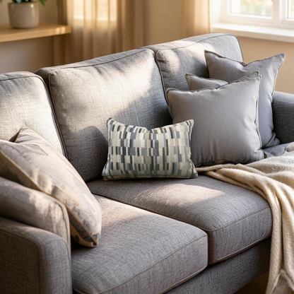 Gray sofa with patterned cushions and a blanket in a cozy living room.
