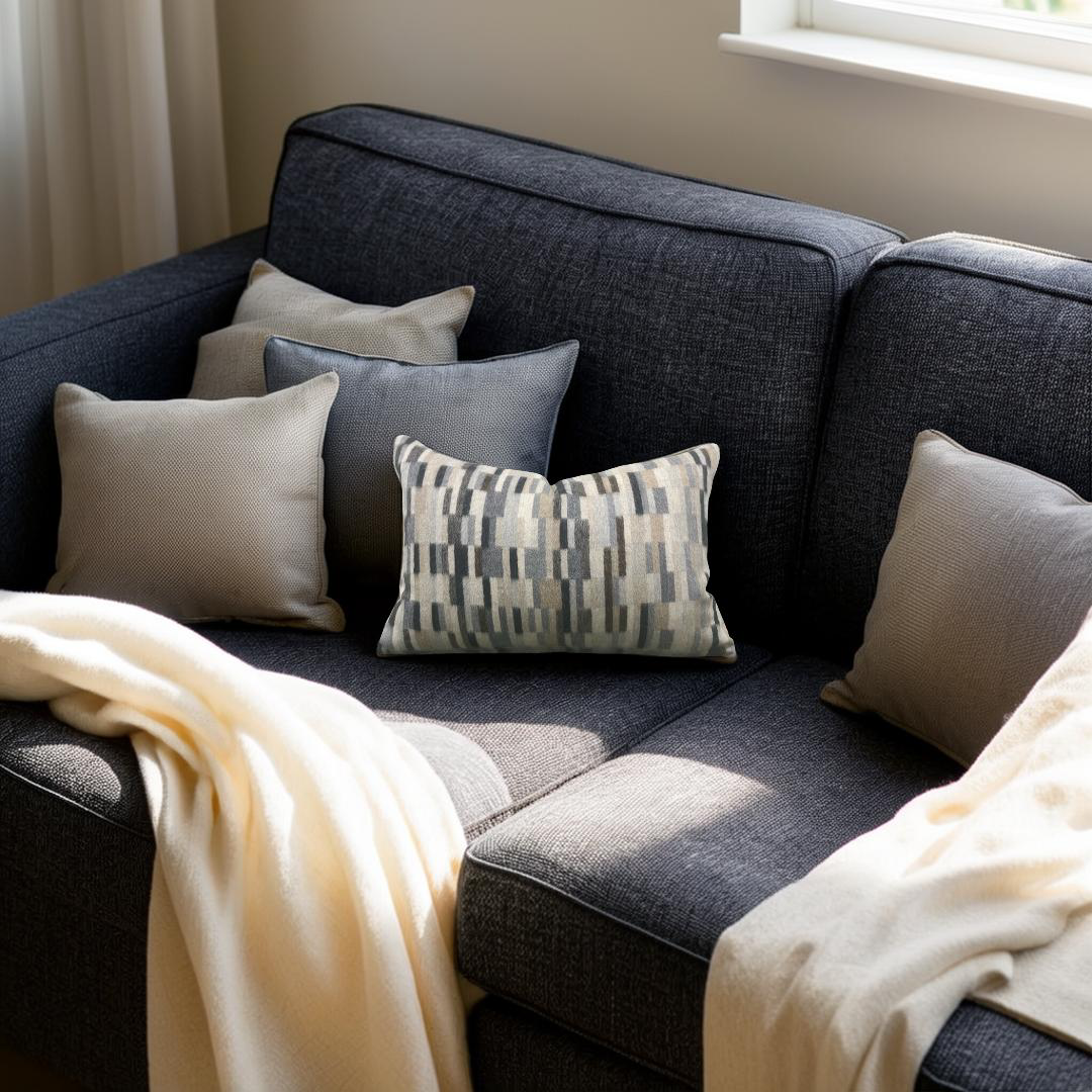 Gray sofa with decorative pillows and a blanket in a cozy living room.