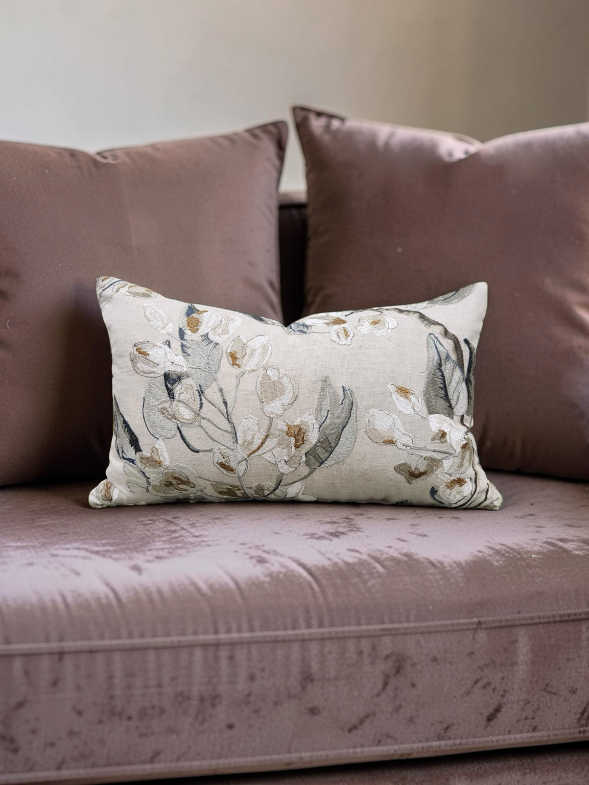 Embroidered Lumbar Pillow Westeria Cumin 12x18" Knife Edge Cover
