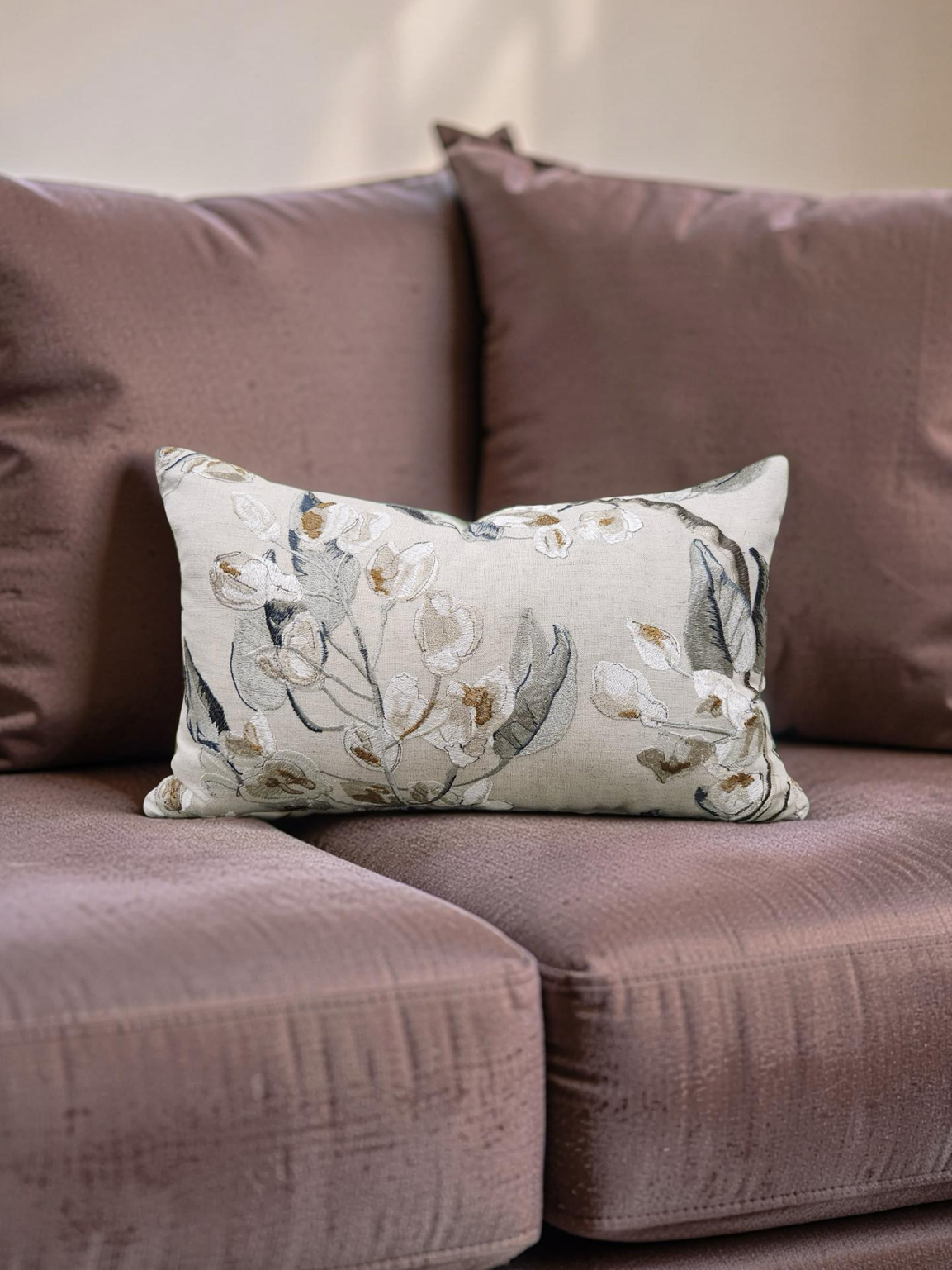 Embroidered Lumbar Pillow Westeria Cumin 12x18" Knife Edge Cover